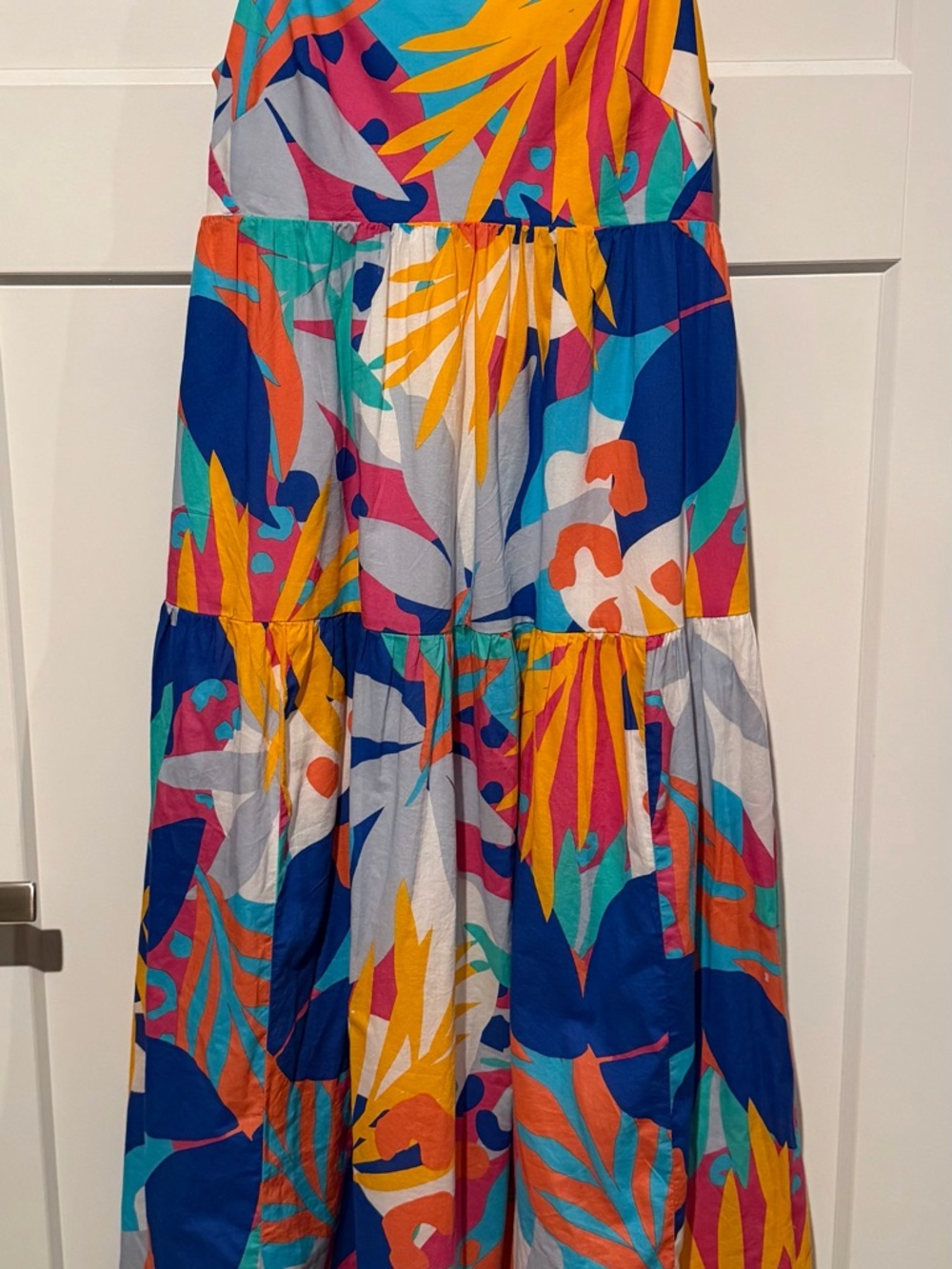J. Crew Tropical Print Tiered Maxi Dress in Blue, Yellow, Orange & Pink - Picture 2 of 8